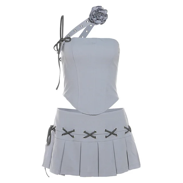 Spring New Women's Solid Color Slim fitting Suspenders Vest Sexy Low Waist Pleated Skirt Gray - Shop at LoveMi