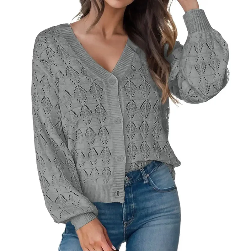Knitted Shawl Front V neck Buttons Top Gray - Shop at LoveMi