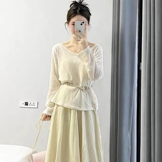 Summer Wear Suit Women's Slimming Top Skirt Long Sleeve With Belt - Shop at LoveMi