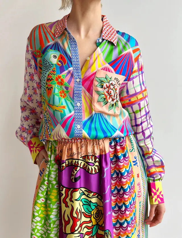 Personalized Graffiti Casual Satin Printed Long sleeved Shirt Skirt Two piece Set 2558 Top - Shop at LoveMi
