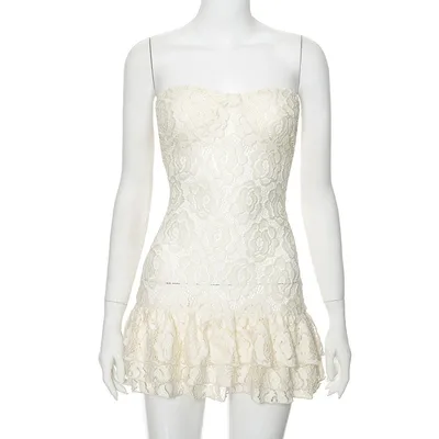 Pure Color Tube top Lace High Waist Dress Yellow - Shop at LoveMi