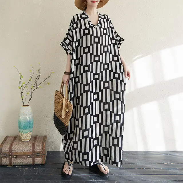 V neck Retro Flab Hiding Cotton And Linen Dress Black And White Plaid - Shop at LoveMi