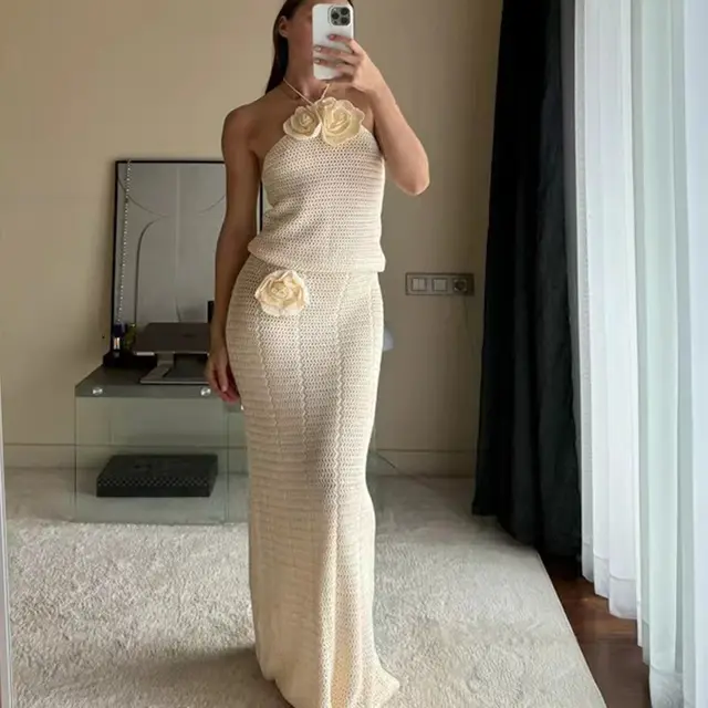 Women's Solid Color Knitted Crocheted Beach Bikini Swimsuit Blouse Sun proof Set Apricot Halter Top - Shop at LoveMi