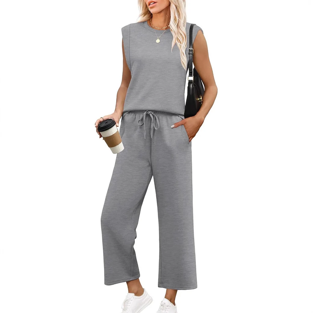 Loose Sleeveless Suit Round Neck Vest Top Two-piece Pants - Gray