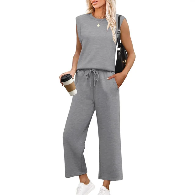 Loose Sleeveless Suit Round Neck Vest Top Two piece Pants Gray - Shop at LoveMi