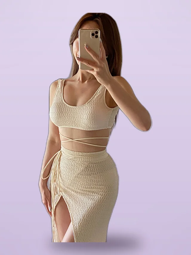 High Waist Tight Slimming Sheath Holiday Split Swimsuit Apricot - Shop at LoveMi
