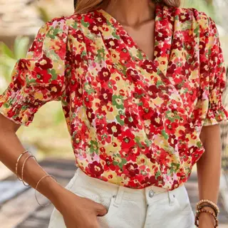 Red Floral Bubble Sleeve Pleated V Neck Wrap Blouse - Red