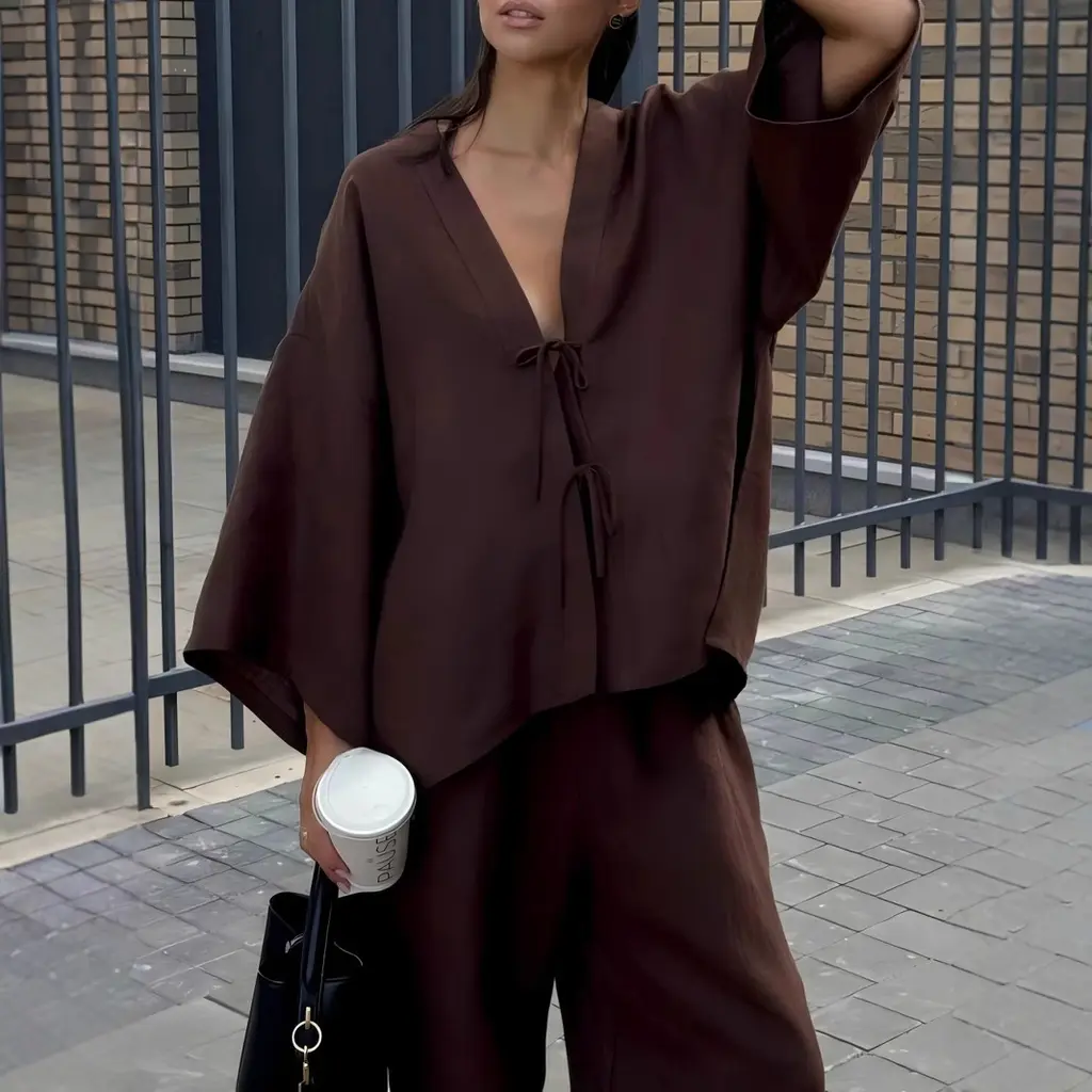Casual Pure Cotton Tied Top Wide Leg Pants Suit - Brown
