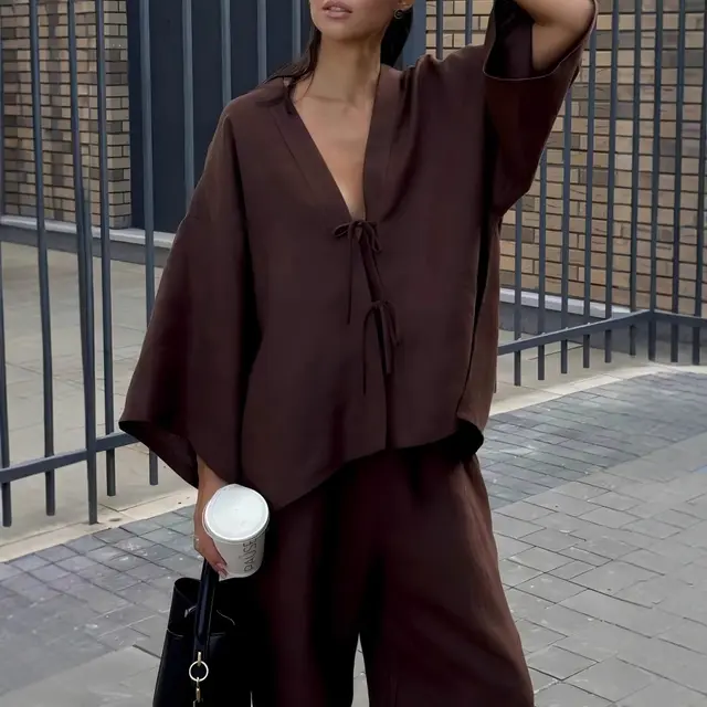 Casual Pure Cotton Tied Top Wide Leg Pants Suit Brown - Shop at LoveMi