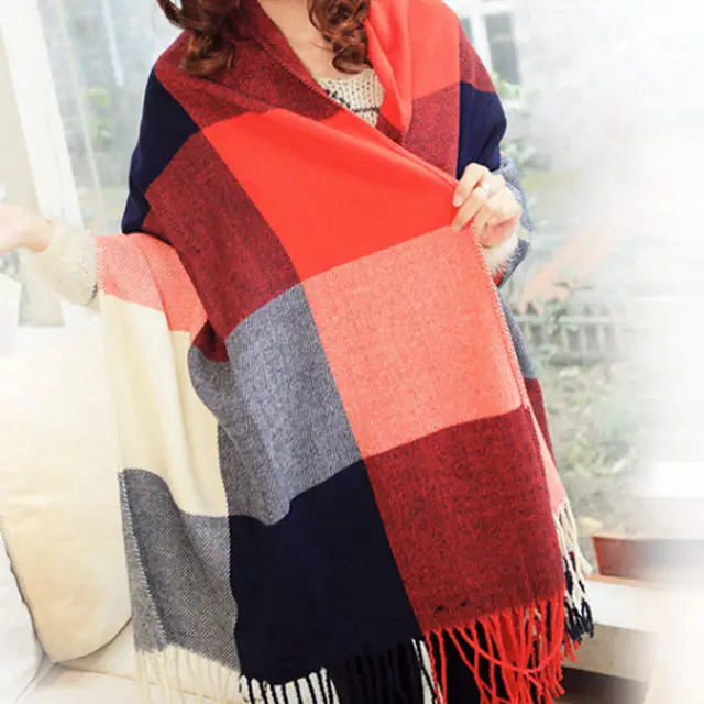 Women's Cashmere like Plaid Scarf Fashionable Warm Red And Blue Plaid - Shop at LoveMi