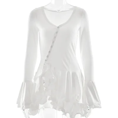 Waist tight Low cut Hot Girl Button Dress White - Shop at LoveMi