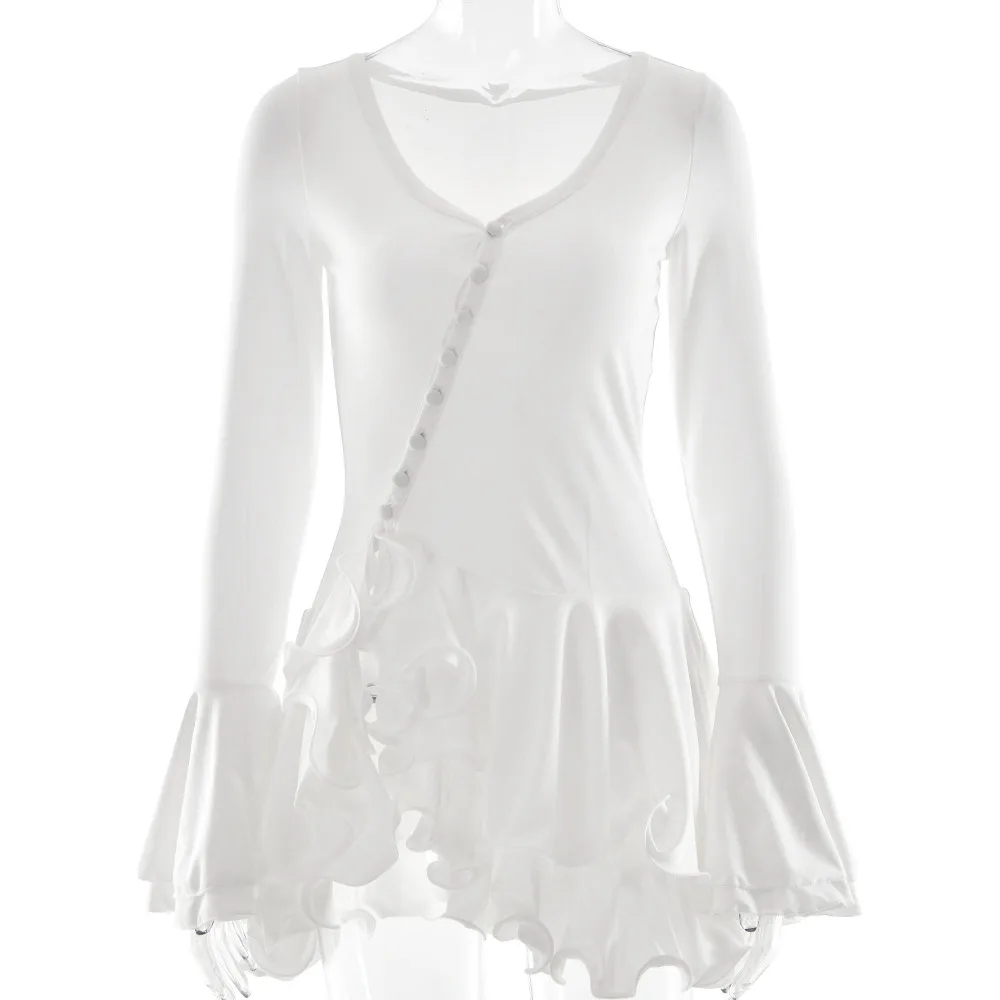 Waist tight Low cut Button Dress White - Shop at LoveMi