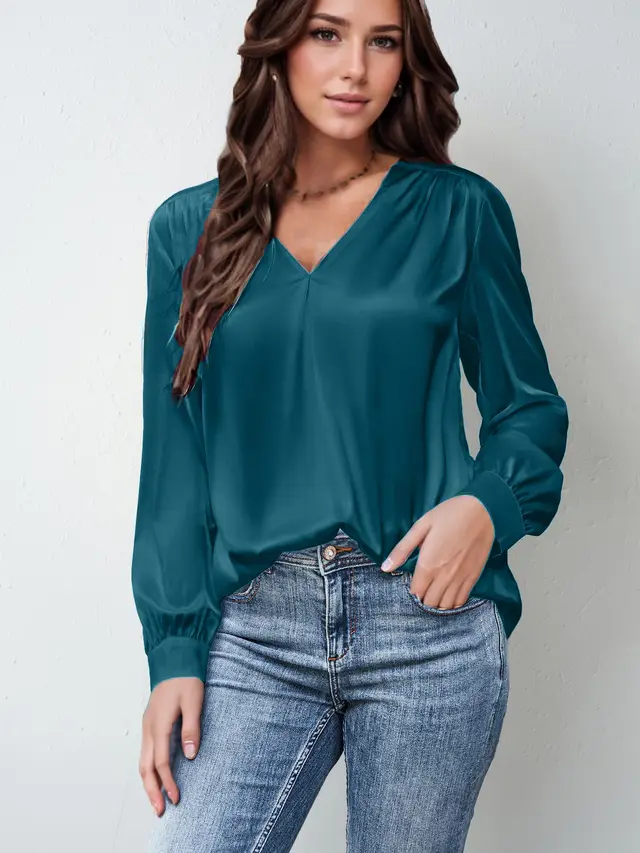 Satin Pleated Long sleeved Top V neck Casual Loose Shirt Peacock Green - Shop at LoveMi