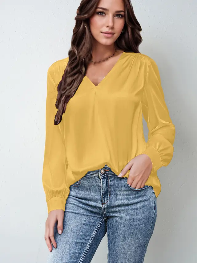 Satin Pleated Long sleeved Top V neck Casual Loose Shirt Yellow - Shop at LoveMi