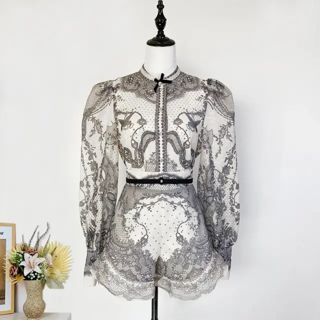 Women's Printed Shirt Short Polyester Suit Black - Shop at LoveMi