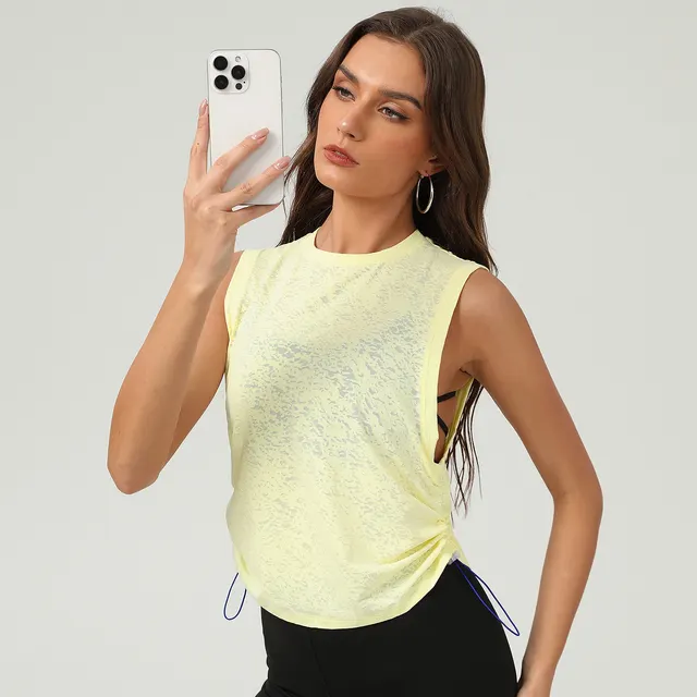 New Jacquard Sports Vest For Women Sleeveless Blouse Breathable Light Yellow - Shop at LoveMi