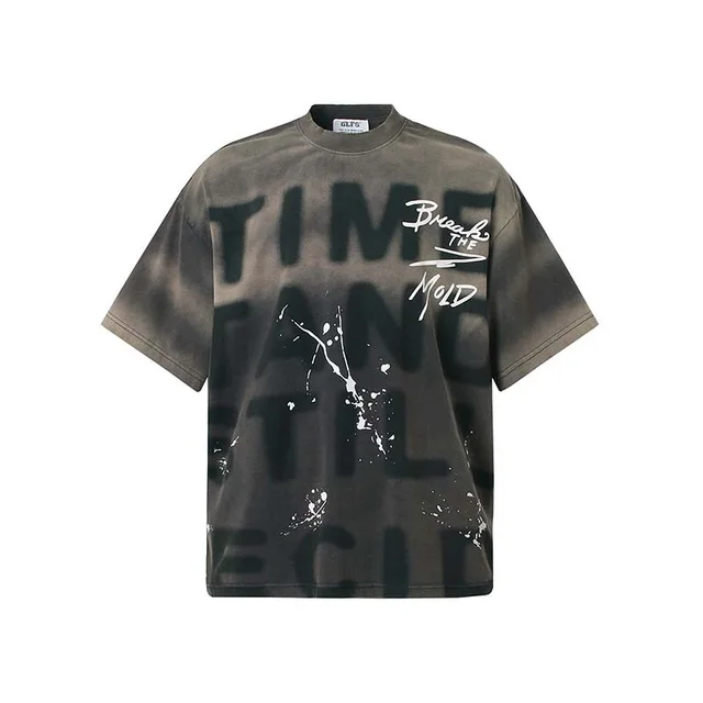 Retro Loose Casual Letter Printing Gradient Splash ink Design Short sleeved T shirt Men Navy Blue Gray - Shop at LoveMi