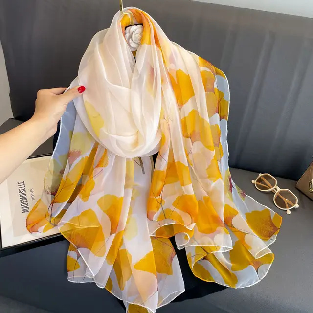 Light Luxury Artificial Silk Talma Yousoft Scarf Women's Large Size Pattern Commuter Ginkgo Leaf Yellow - Shop at LoveMi