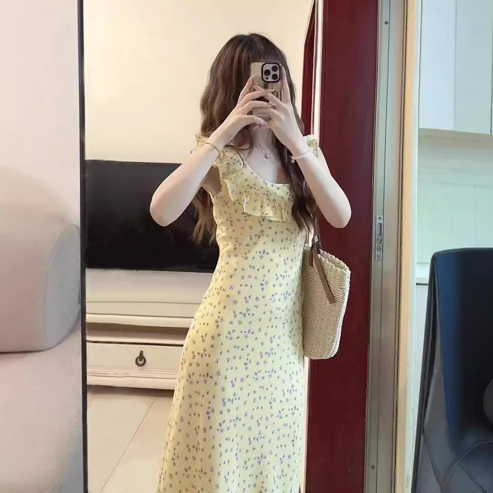 New French Style Vintage Floral Dress Mid-length Temperament - Yellow - View 1