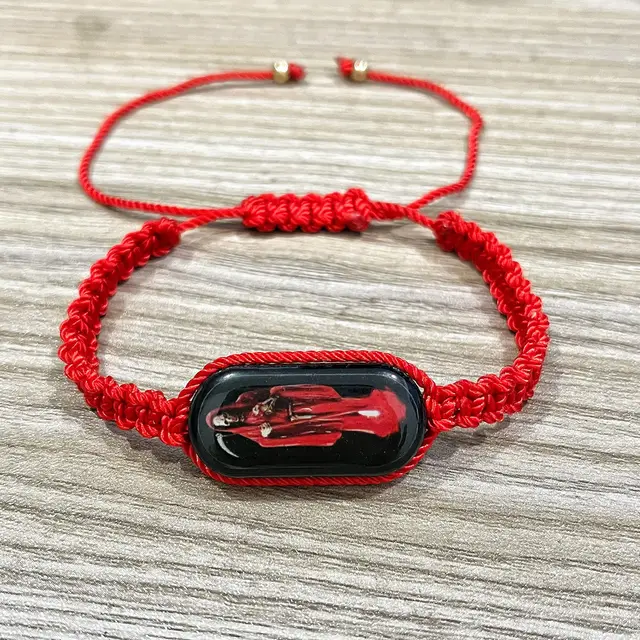 Oval Wood Dripping Virgin Mary Woven Bracelet Black Death Red Line - Shop at LoveMi