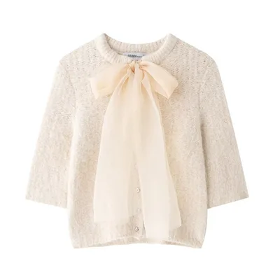 Transparent Organza Bowknot Decoration Short sleeved Sweater 5754 Ribbon Sweater - Shop at LoveMi