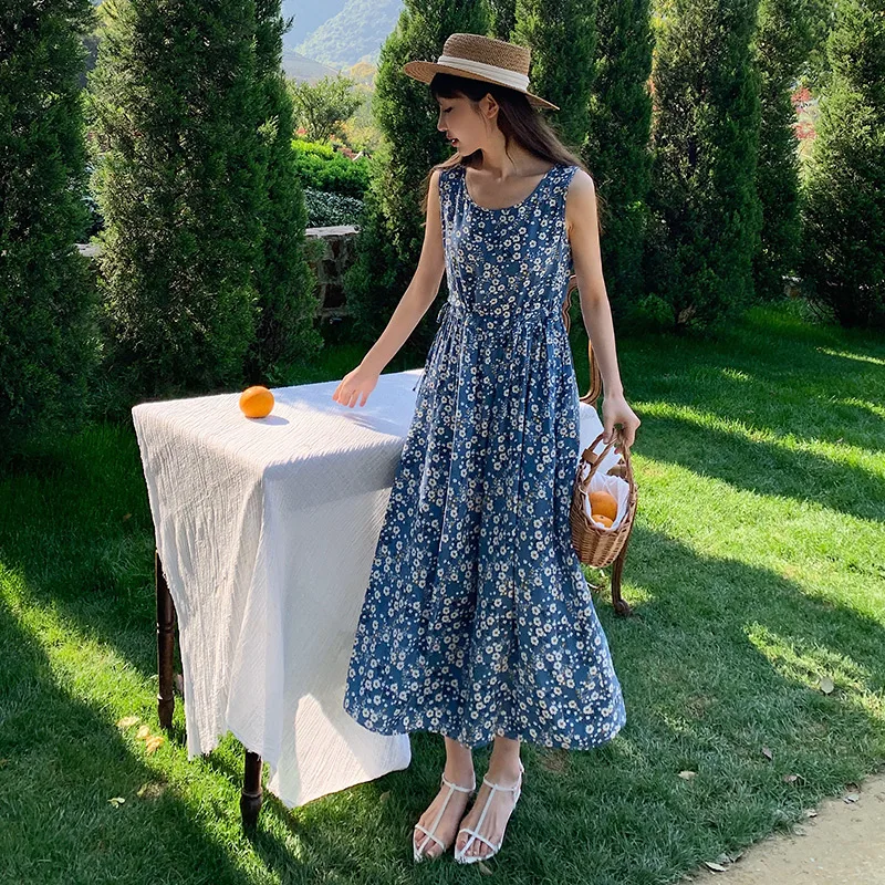 Women's Cotton Silk Floral Strap Dress - Blue Background Flower
