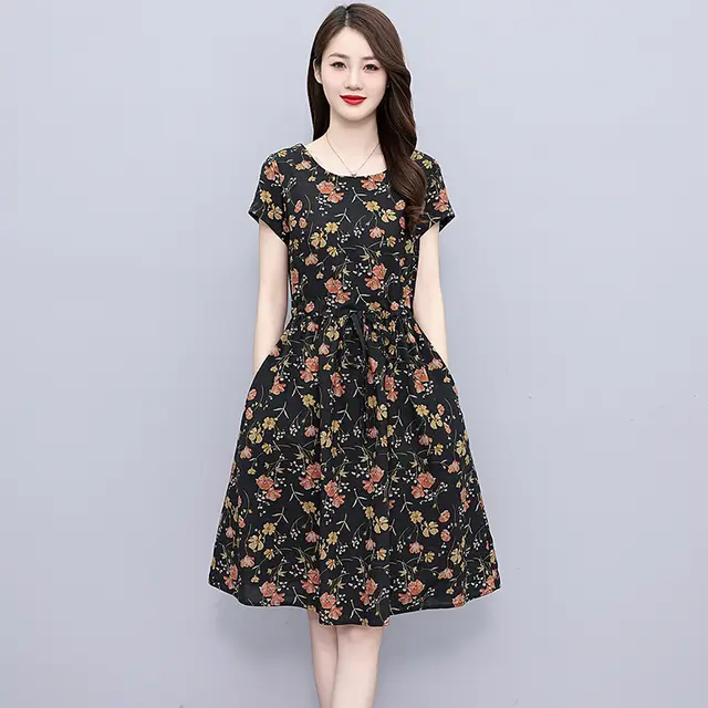 Temperament Slimming Belly covering Younger Floral Cotton Linen Dress Black - Shop at LoveMi