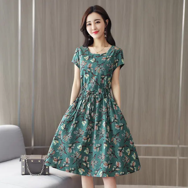 Temperament Slimming Belly covering Younger Floral Cotton Linen Dress Tulip - Shop at LoveMi