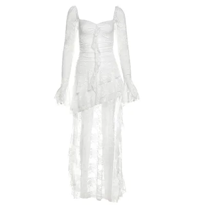 New Fall Women's Clothing Solid Color High Waist Fashion Square Collar Long Sleeve Lace Stitching Dress White - Shop at LoveMi