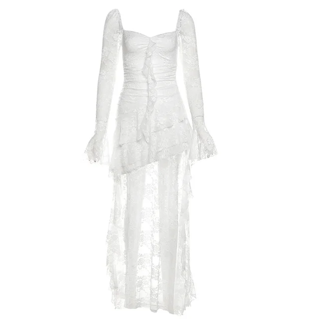 New Fall Women's Clothing Solid Color High Waist Fashion Square Collar Long Sleeve Lace Stitching Dress White - Shop at LoveMi