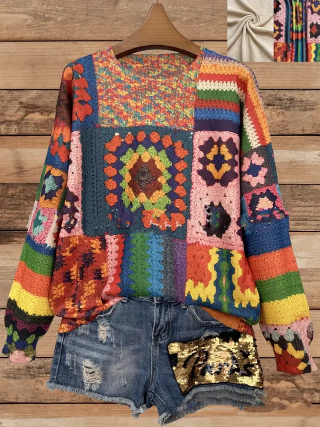 Full Printed Spring And Autumn Pattern All match Round Neck Long Sleeve Knitted Loose Sweater Color 69 - Shop at LoveMi