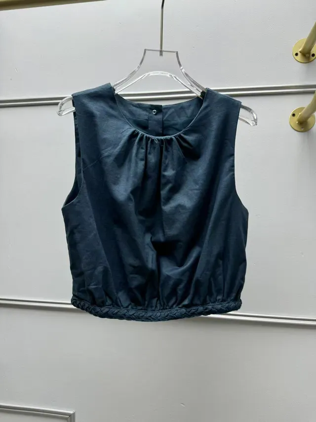 Summer New Elegant Sleeveless Round Neck Linen Blended Vest Woven Waist Skirt Blue Coat - Shop at LoveMi
