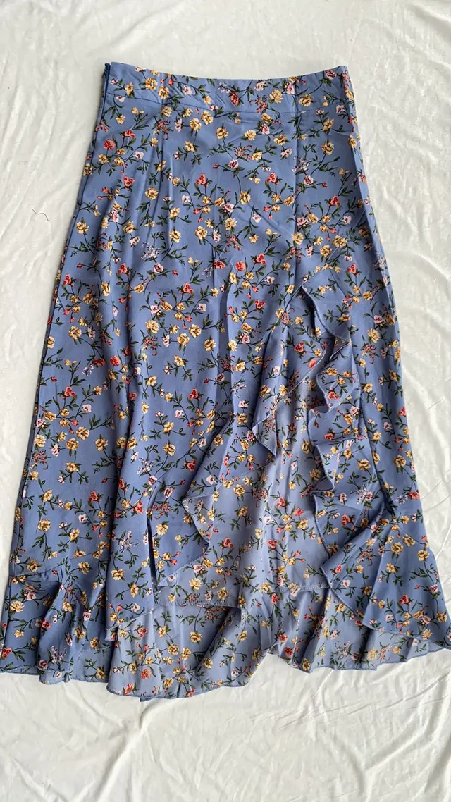 Printed Ruffled Side Slit Skirt Blue - Shop at LoveMi