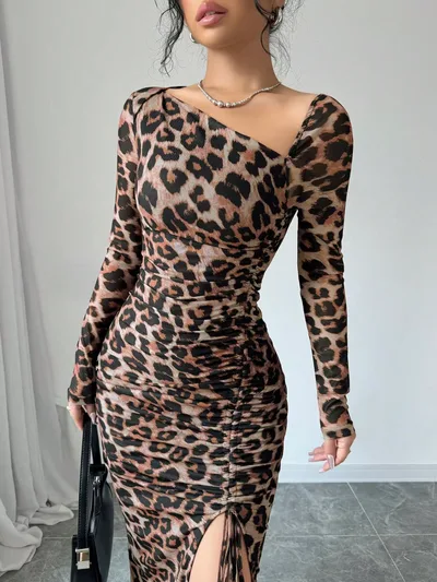 New Women's Round Neck Long Sleeve Sexy Leopard Print Dress Khaki - Shop at LoveMi