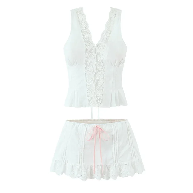 French V neck Sexy Backless Mini Top With Low Waist And Mini Skirt Lj6718 White Two - Shop at LoveMi