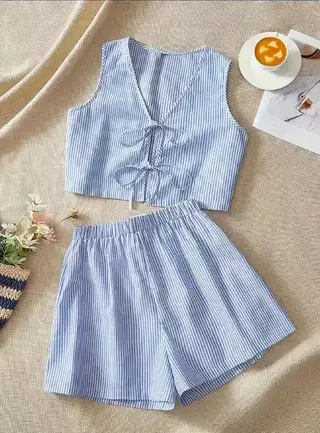 Loose Back Patch Pocket Striped Suit - Sky Blue