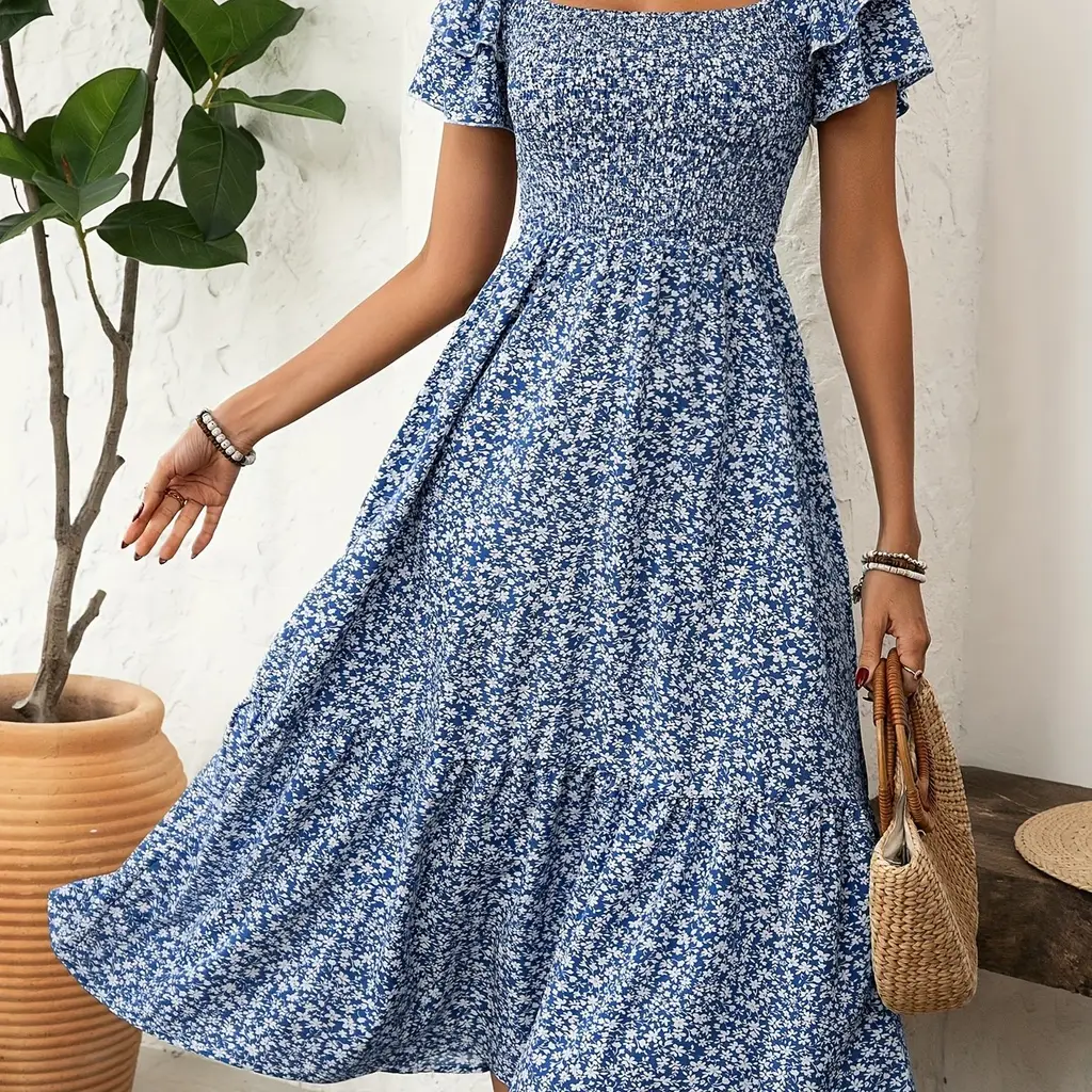 Elegant Floral Print Ruffle Hem Short Sleeve Dress For - Vibrantblue