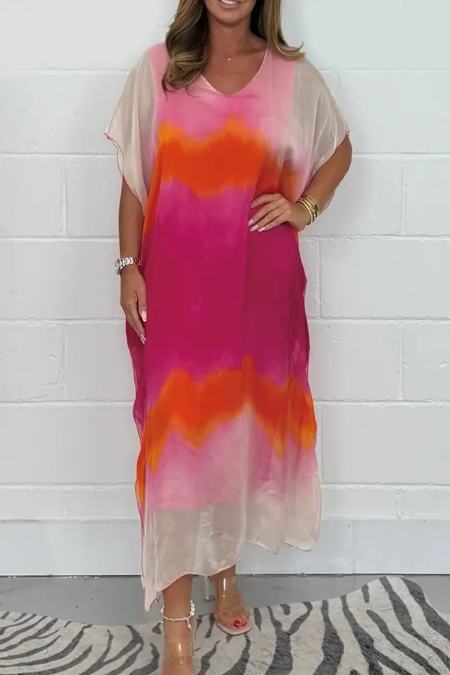 Women's Long Chiffon Color matching Dress Pink - Shop at LoveMi