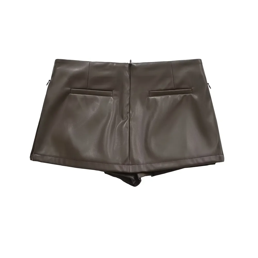 Low Waist Mini Zipper PU Leather Hip Skirt Brown - Shop at LoveMi