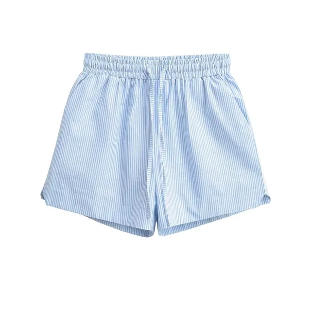 Summer Retro White High waist Loose Drawstring Shorts Women's Fashion Casual Light Blue Stripe - Shop at LoveMi
