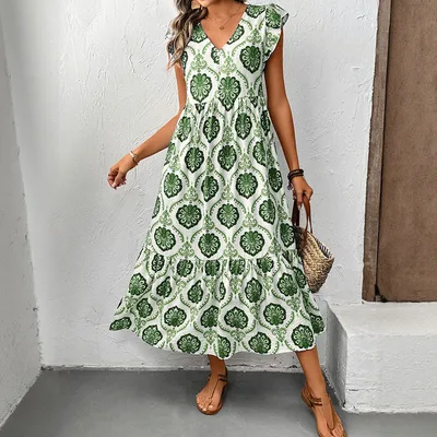 Summer New Holiday Loose Deep V neck Printed Long Dress Green - Shop at LoveMi