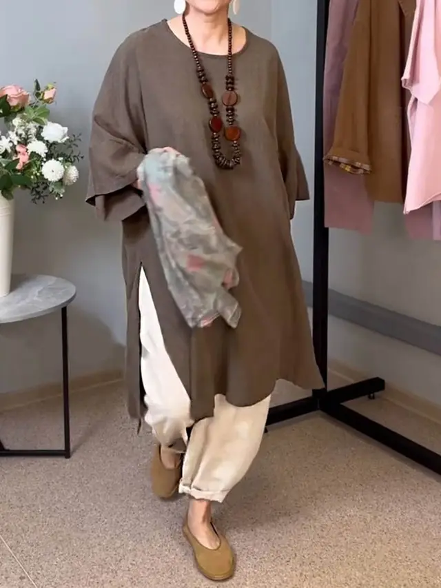 Summer New Solid Color Round Neck 34 Sleeves Casual Linen Split Long Upper Outer Garment Camel - Shop at LoveMi