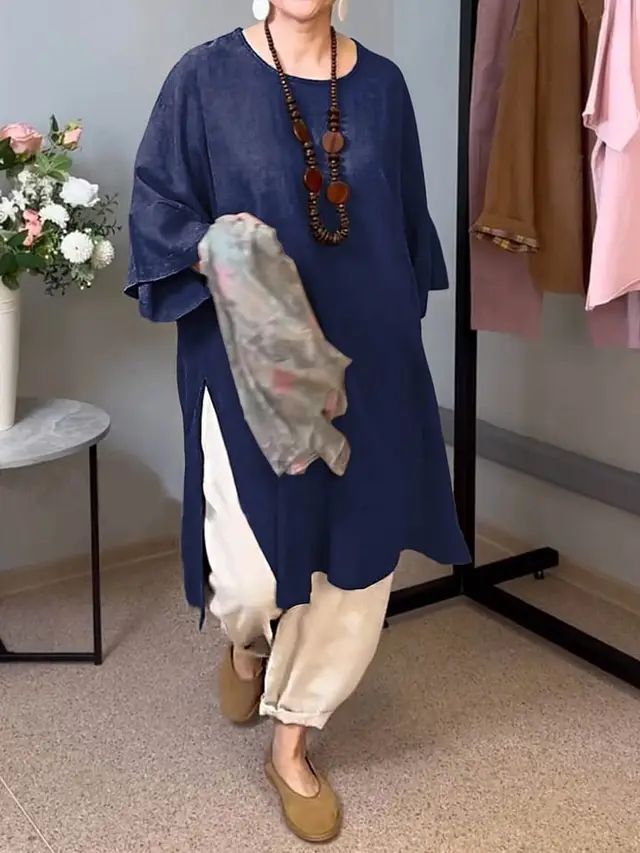 Summer New Solid Color Round Neck 34 Sleeves Casual Linen Split Long Upper Outer Garment Navy Blue - Shop at LoveMi