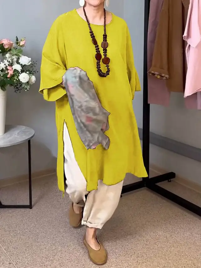 Summer New Solid Color Round Neck 34 Sleeves Casual Linen Split Long Upper Outer Garment Yellow - Shop at LoveMi