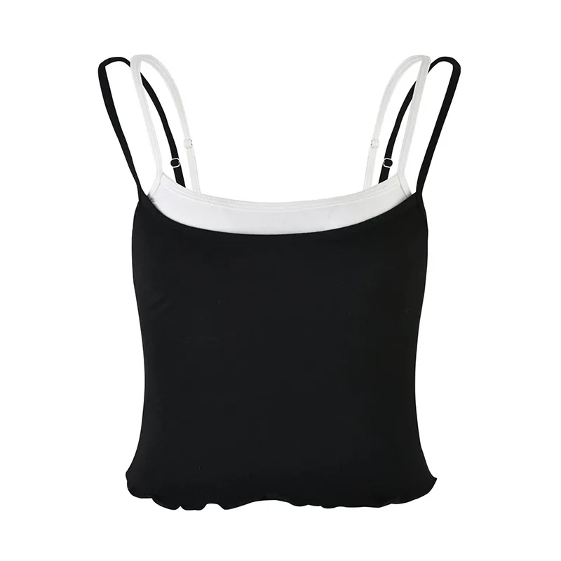 American Street Contrast Colors False two piece Basic Vest All matching Slim Fit Sexy Sling Black - Shop at LoveMi
