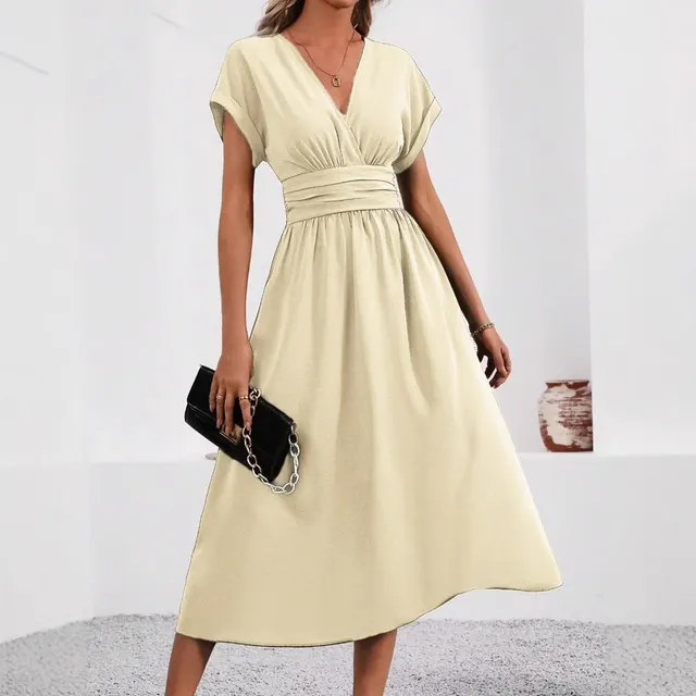 Overlapping V neck Batwing Sleeve Waist Pleated Elegant Dress Apricot - Shop at LoveMi