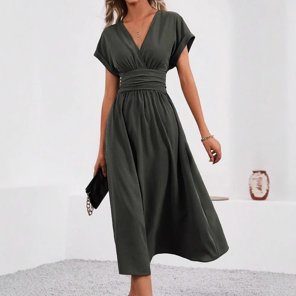 Overlapping V neck Batwing Sleeve Waist Pleated Elegant Dress Army Green - Shop at LoveMi