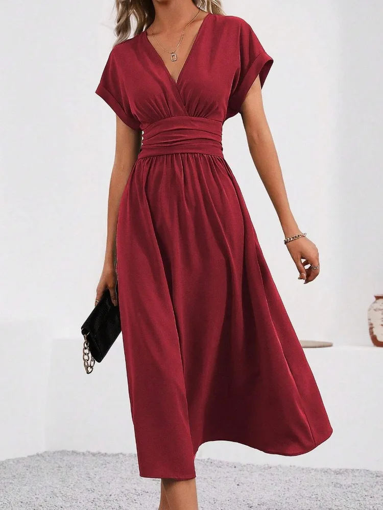 Overlapping V-neck Batwing Sleeve Waist Pleated Elegant Dress - Wine Red - View 1