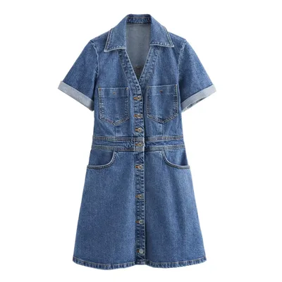 New Fashion Casual Breasted Mini Waist Denim Dress Dark Blue - Shop at LoveMi
