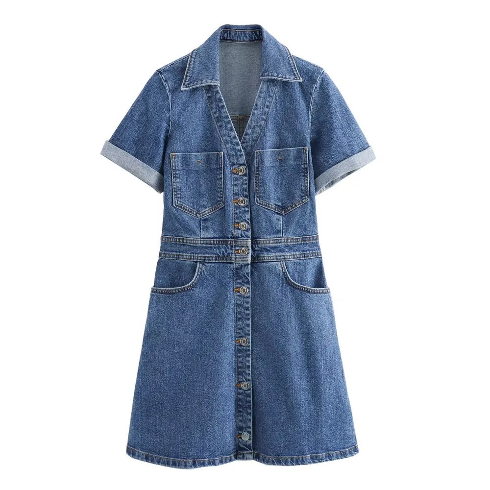 New Fashion Casual Breasted Mini Waist Denim Dress Dark Blue - Shop at LoveMi